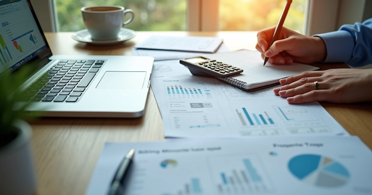 Mesa de escritório com documentos fiscais, calculadora e café.