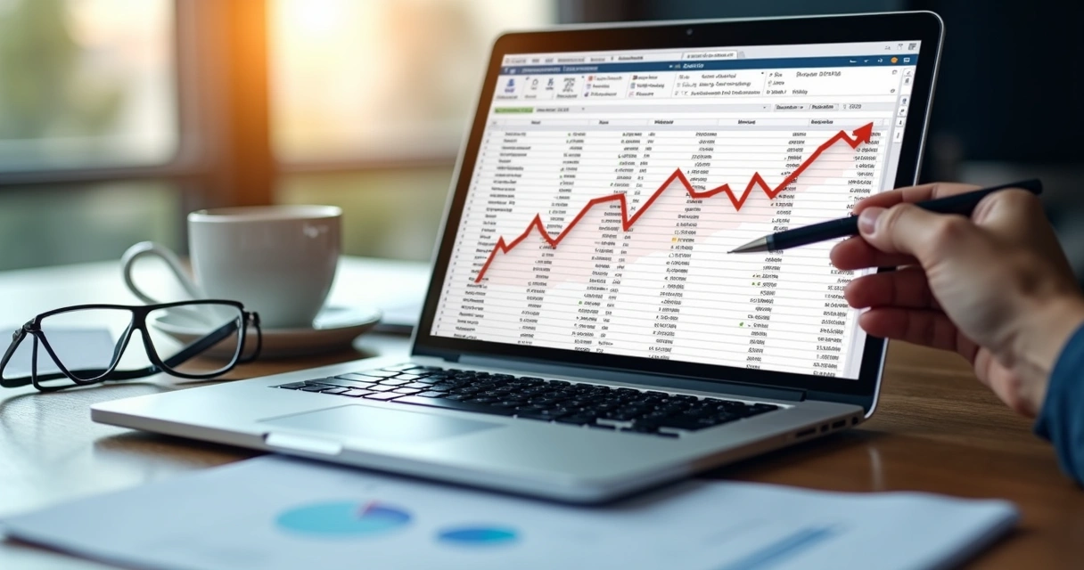 Planilha financeira com destaque para queda de impostos na tela do notebook.