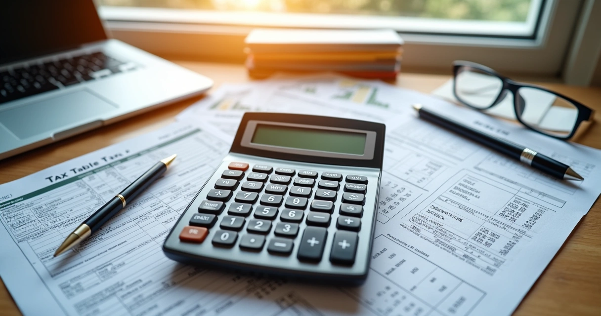 Calculadora sobre mesa com tabela de Imposto de Renda e documentos financeiros ao redor
