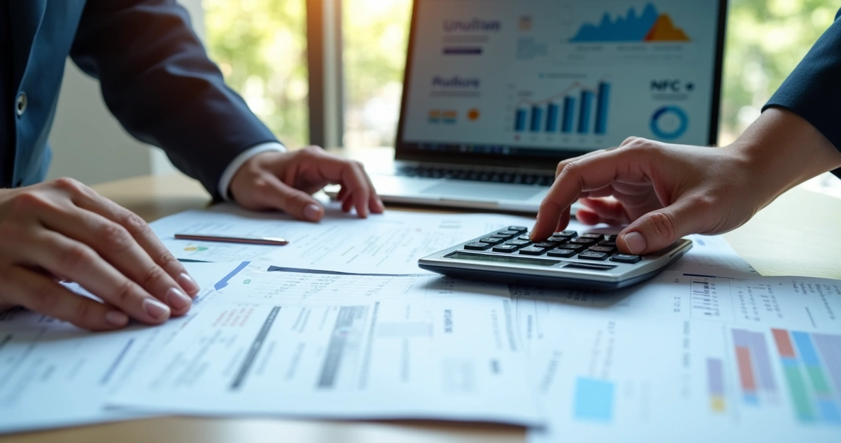 Mesa de escritório com calculadora, notas fiscais e gráficos financeiros em um ambiente corporativo moderno