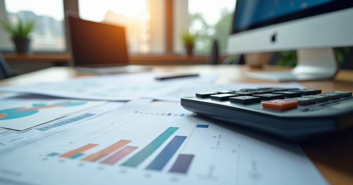 Calculadora sobre documentos fiscais com gráficos e notas fiscais ao fundo