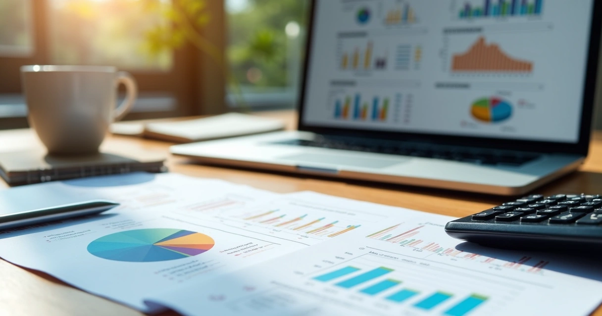 Mesa com documentos financeiros, calculadora e laptop aberto mostrando gráficos tributários detalhados