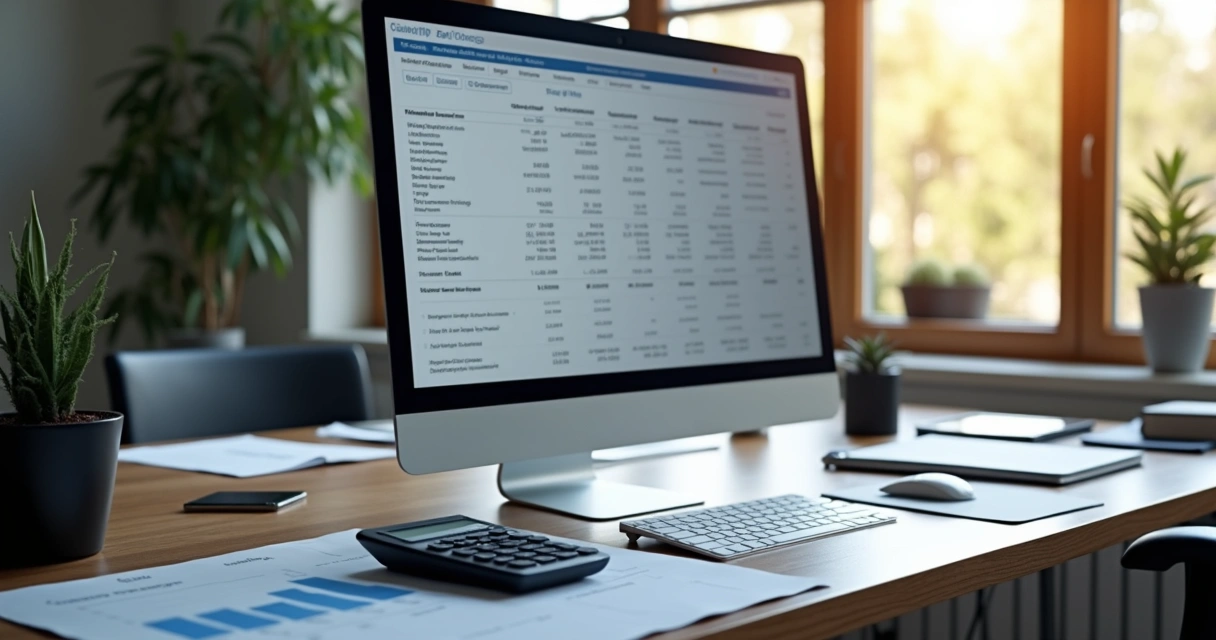 Mesa de escritório com computador exibindo gráficos e cálculos tributários na tela, papéis e calculadora ao lado