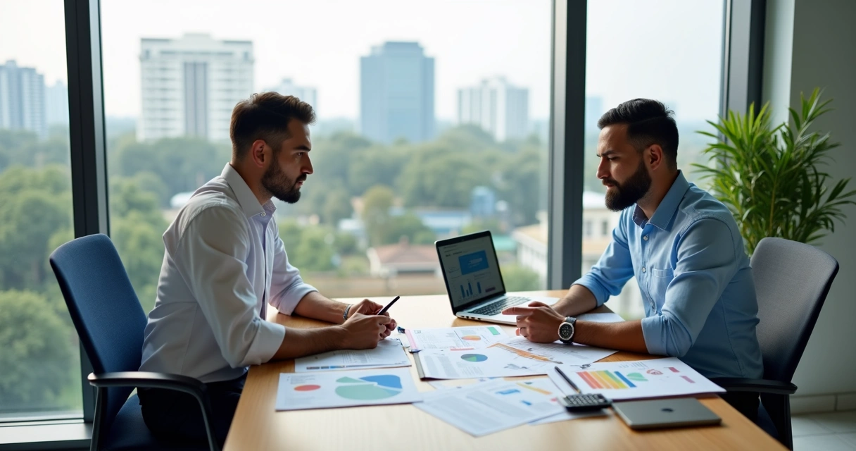 Contador atendendo empresária em escritório moderno com vista urbana