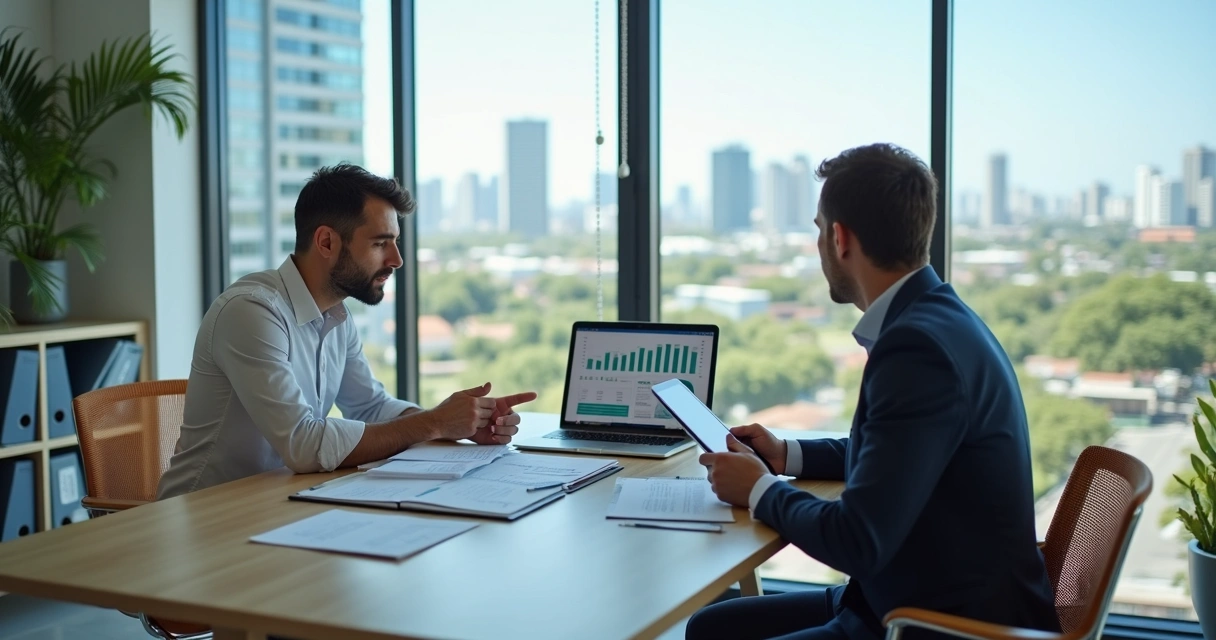 Reunião entre contador e empresária em escritório moderno com vista para Sorocaba
