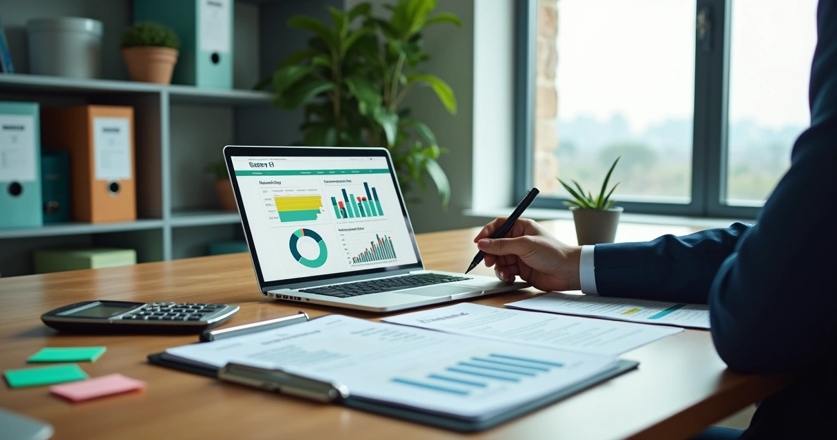 Mesa de escritório com gestor analisando documentos fiscais e gráficos de impostos