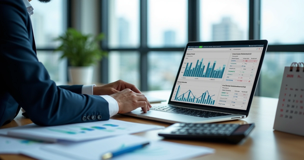 Executivo analisa gráficos de tributos e planejamento no Lucro Real em 2026