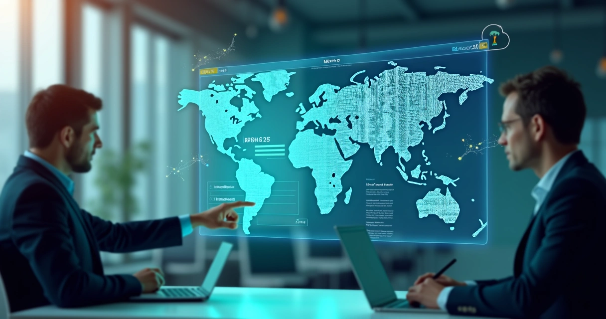 Ilustração de empresários analisando nota fiscal eletrônica em painel digital com mapa do Brasil ao fundo