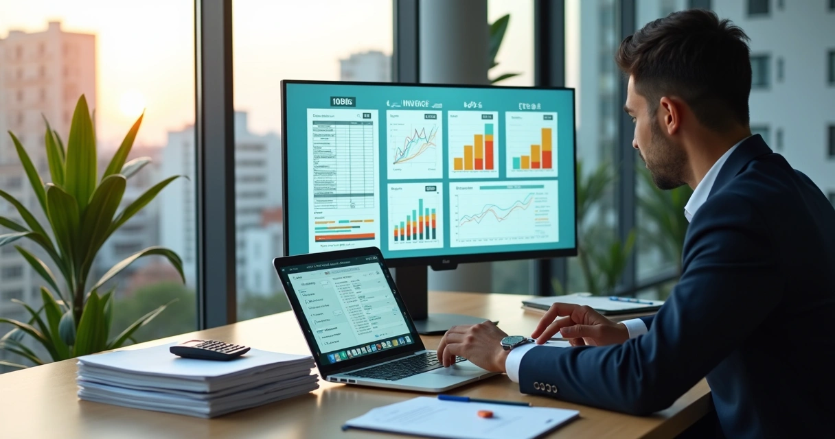 Contador analisa documentos fiscais eletrônicos com gráficos sobre CBS e IBS em 2026